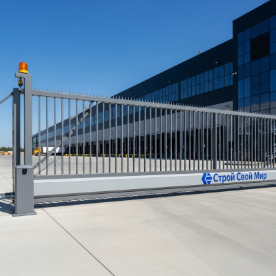 Большие промышленные откатные ворота серого цвета на въезде на территорию завода в Бресте.