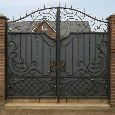 Эксклюзивные распашные кованые ворота ручной работы с растительным орнаментом